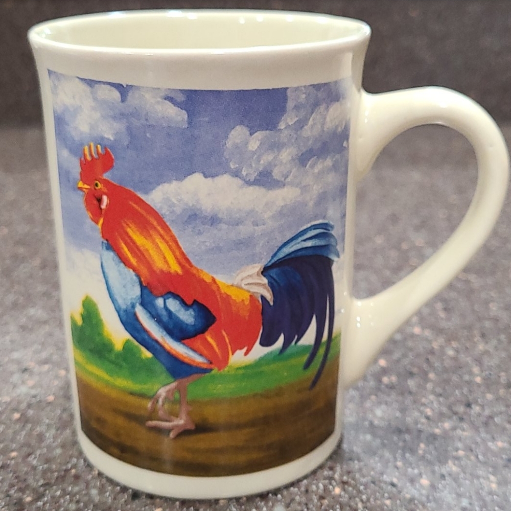 Rooster Mugs set of 4 Cups Coffee Tea Bay Island Vintage Farm Designs Slim 8 oz - Picture 5 of 16